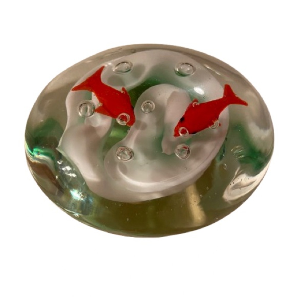 Vintage Art Glass Paperweight with Fish 3.5" Aquarium Style Coastal Grandmother